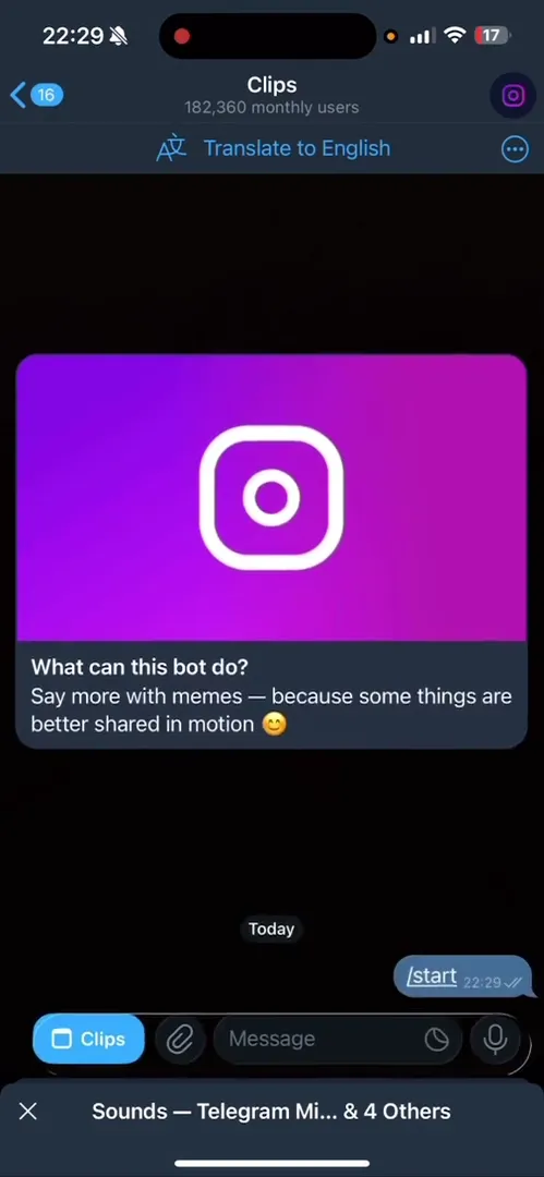 Демонстрация работы инлайн-режима @clips для видео-мемов