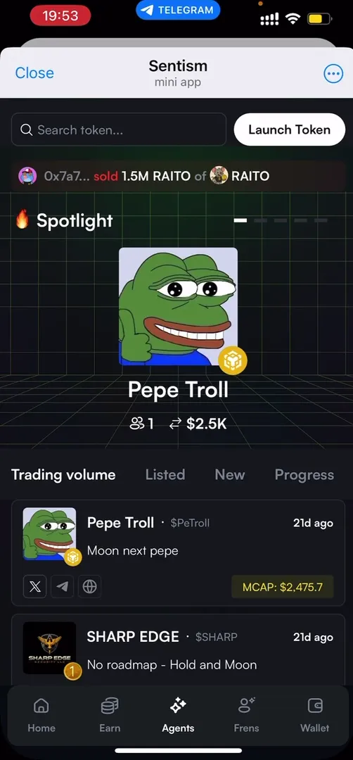 Вкладка Agents со списком токенов и статистикой