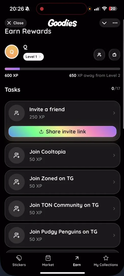 Список заданий для заработка XP во вкладке Earn