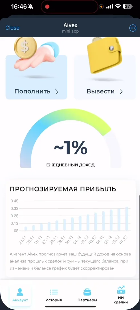 График прогнозируемой прибыли и раздел вывода средств