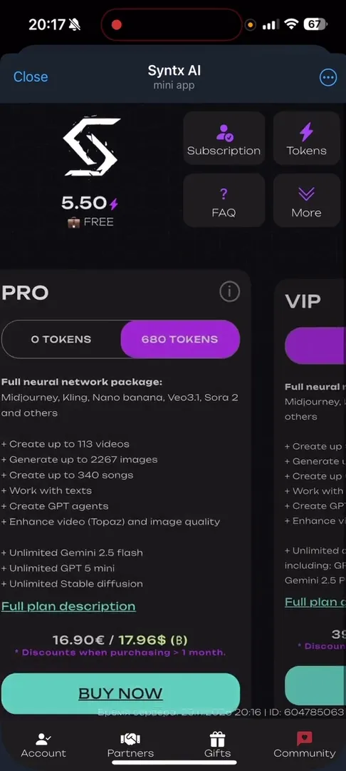 Тарифные планы и баланс токенов в Syntx AI
