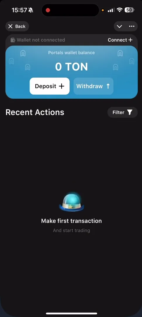 Раздел кошелька в Portals Market с возможностью пополнения и вывода TON