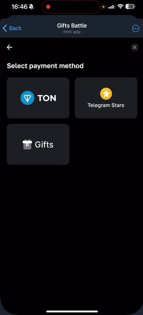 Выбор метода оплаты: TON, Telegram Stars или Gifts